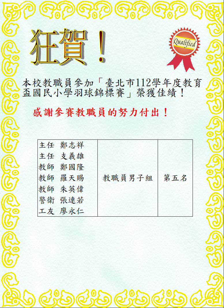 賀！本校教職員工參加「112學年度教育盃國民小學羽球錦標賽」榮獲 第五名 ！