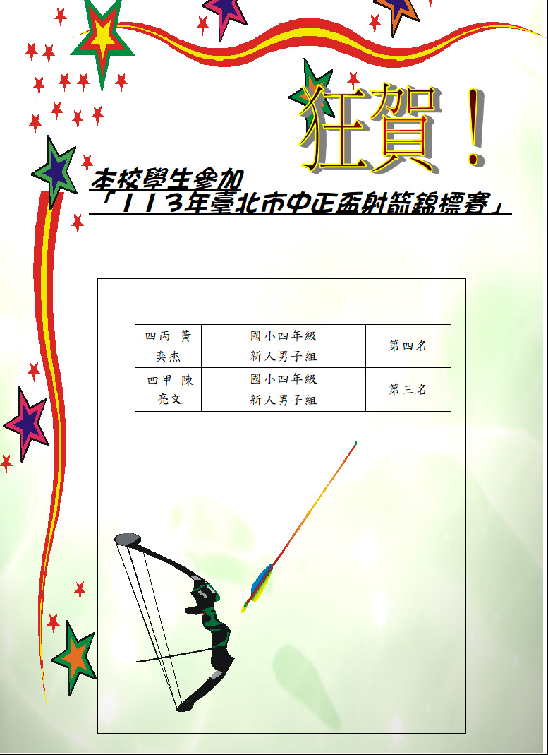 賀！本校學生參加「113年臺北市中正盃射箭錦標賽」榮獲佳績！